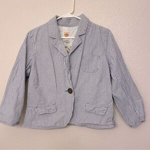 Old Navy Blue White pinstripe Seersucker Blazer one button 3/4 sleeve nautical L